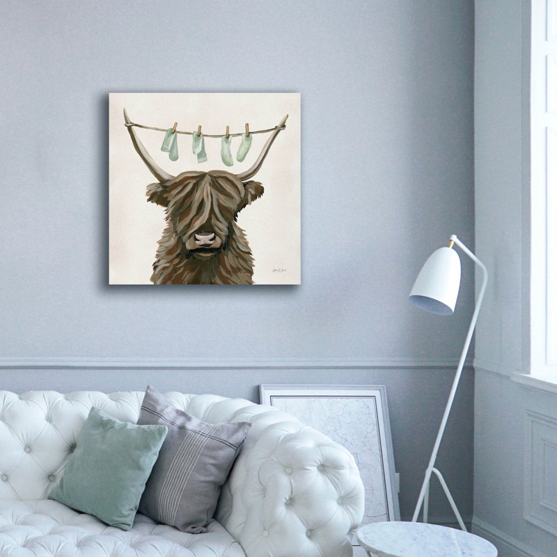 «Highland Cow, corde à linge» par Yvette St. Amant, art mural sur toile, H 12 po x l 12 po x P 0,75 po