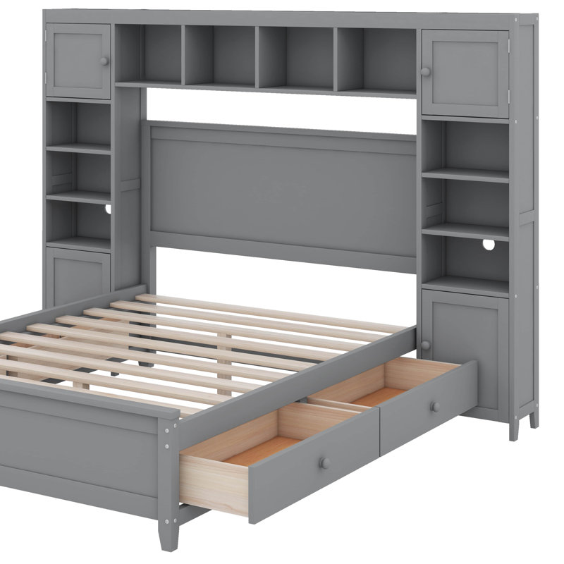 Lit double en bois avec tablette et armoire, Grey