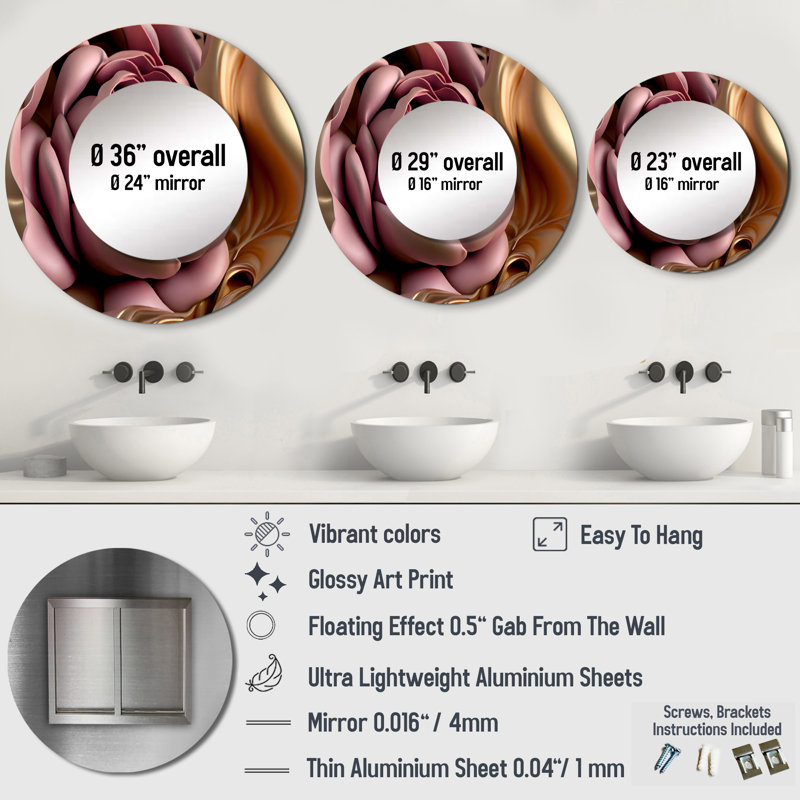 Serica Pink And Gold Glam Flowers II - Floral Large Wall Mirror, Traditional Round Decorative Mirror, Printed Metal Art