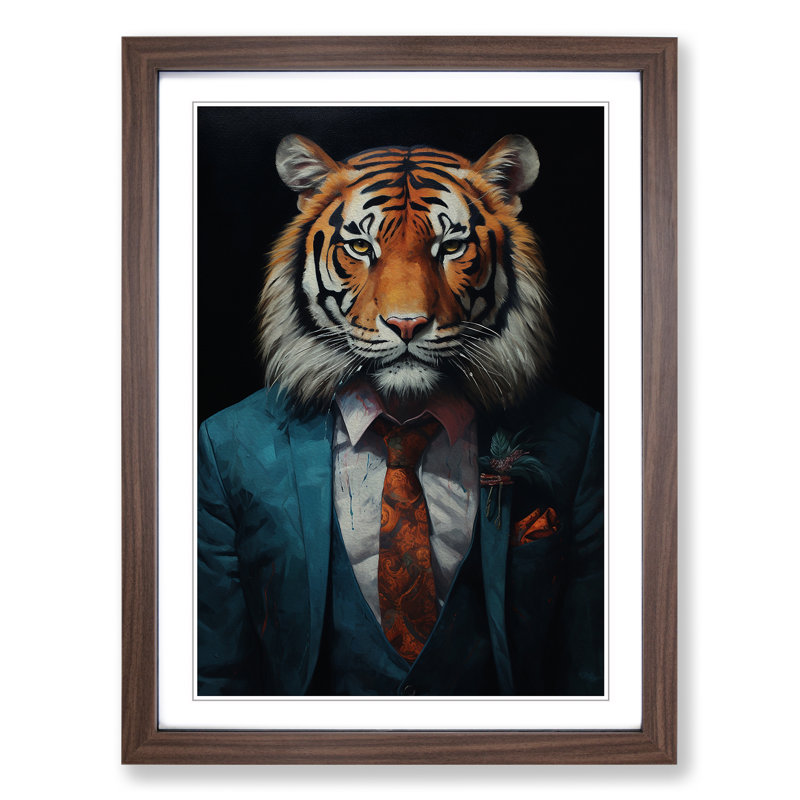 XYZ-FRM-V1223-1635 Tiger In A Suit Painting No.5 - Single Picture Frame Print on Wood, 64cm H x 46cm W x 2cm D, Walnut