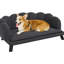 Charcoal Gray Dog Bed, Velvet Surface, Foam Cushioned, Elegant For Medium And Large Canines, 36.25" W X 18.5" D 1.5" H Cushion Dimensions, Assembly Needed Bed With Pearl Back Design,