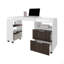 Bureau extensible avec deux tiroirs, des tablettes ouvertes et un mécanisme coulissant
