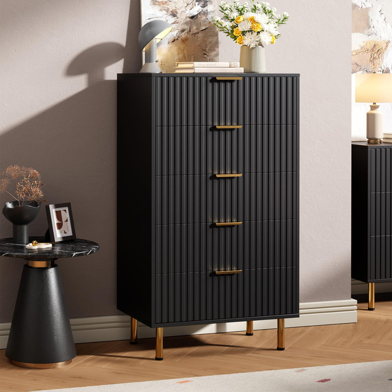 Modern Fluted 5 Drawer Dresser – 48" Tall Wide Wooden Chest with Deep Storage, Organizer for Bedroom, Living Room, Hallway, Nursery, Kids Room – Color: Black