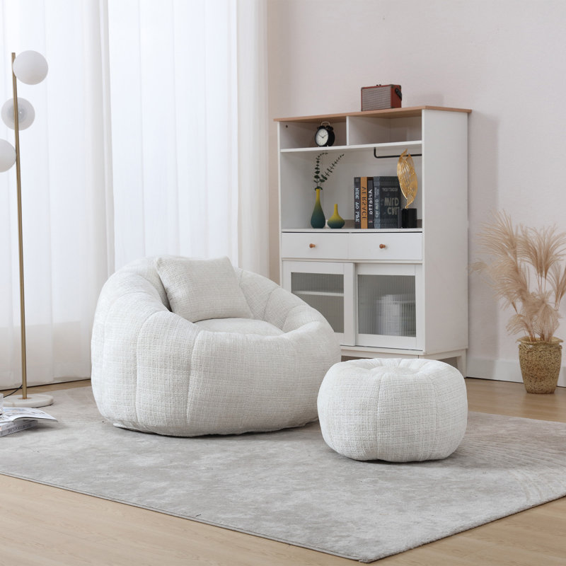 Modern Bean Bag Chair With Ottoman, Pillow, Beige Chenille