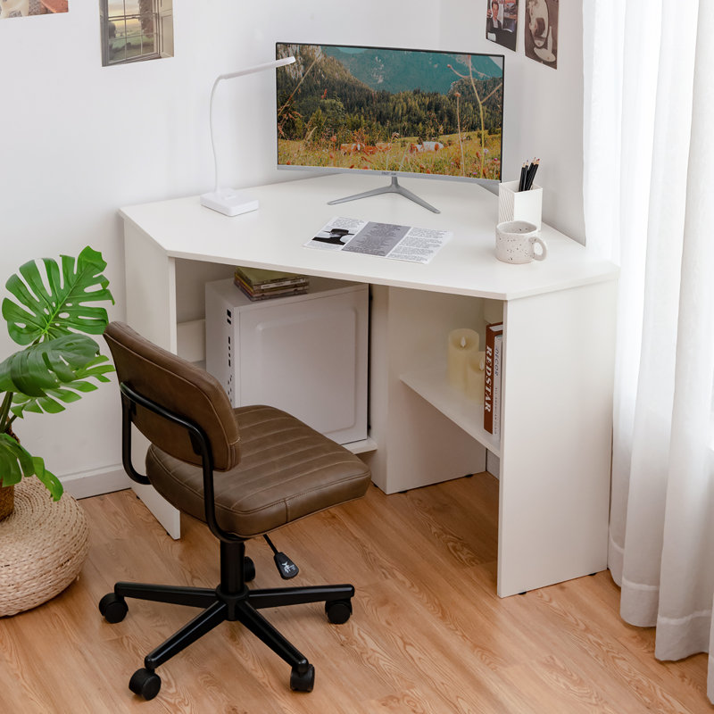White Compact Corner Computer Desk with Storage Shelves