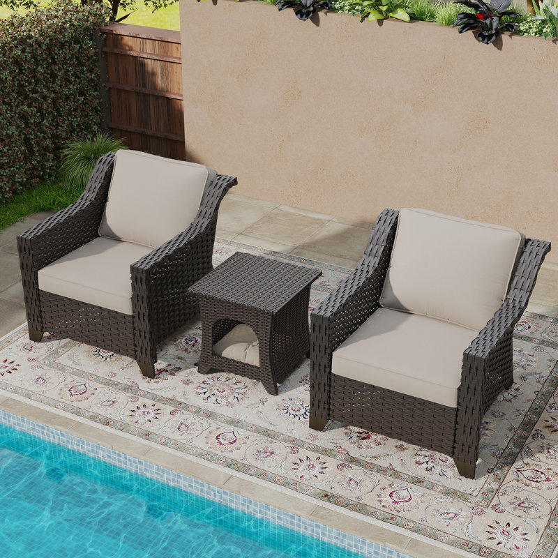 3-Piece Outdoor Wicker Conversation Set with Storage Side Table & Plush Cushions, Beige