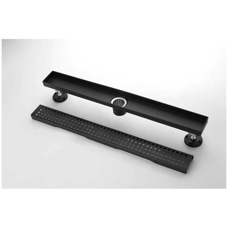 Drain de douche linéaire de 28 pouces avec grille Quadrato amovible, drain de plancher en acier inoxydable noir mat 304 avec crépine et pieds réglables