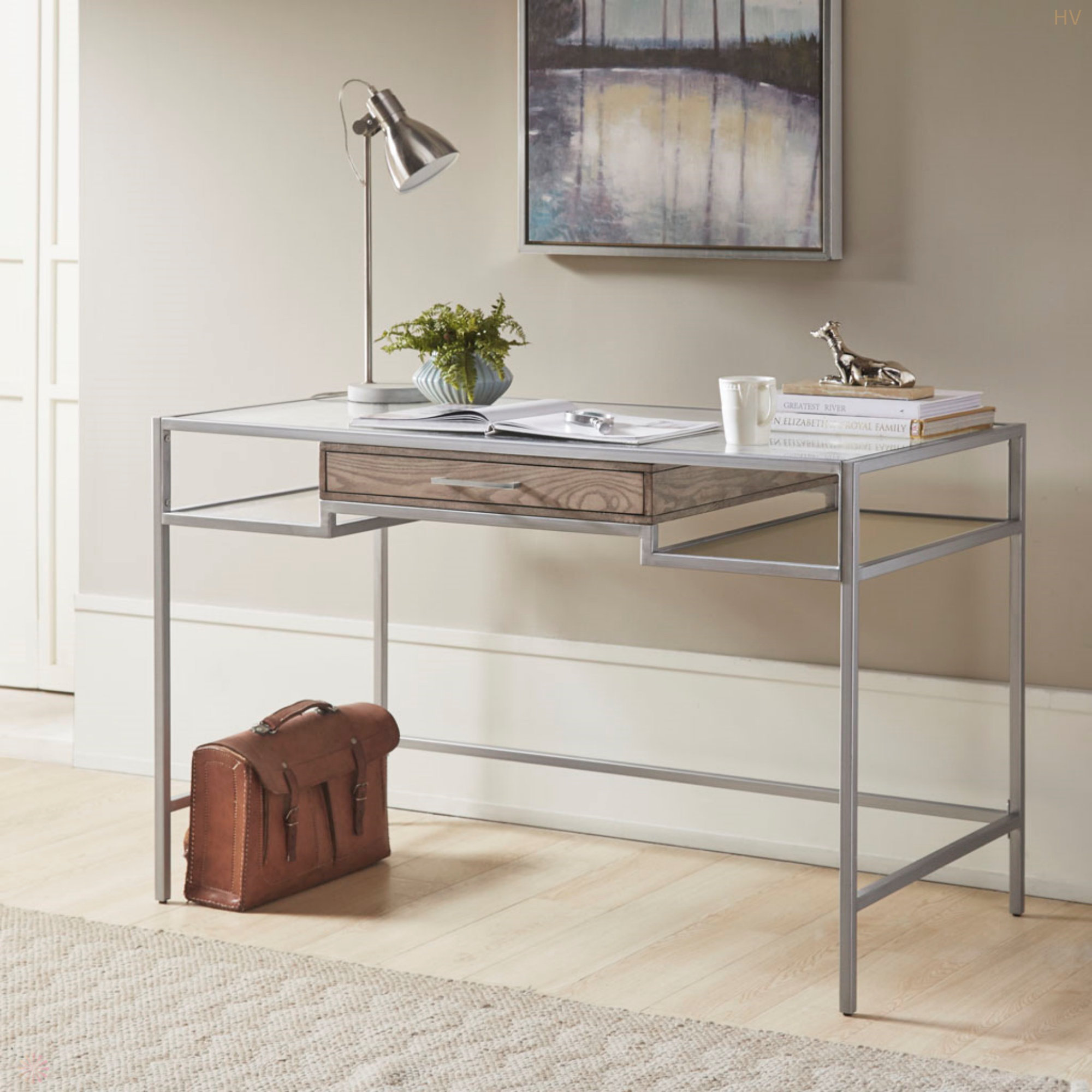 Brayden Studio® Adela Writing Desk, Light Finish Floating Drawer | Wayfair