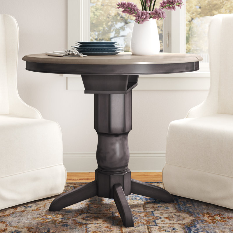 Geirlaugur Round Counter Height Extendable Butterfly Leaf Solid Wood Dining Table in Grey , Gray Stone/Black Stone