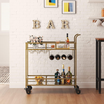 Chariot-bar à vin sur roulettes à 2 niveaux pour la maison, petit chariot à boissons alcoolisées avec tablettes en miroir, supports à vin et porte-verres, compact pour la salle à manger, le salon, l'or