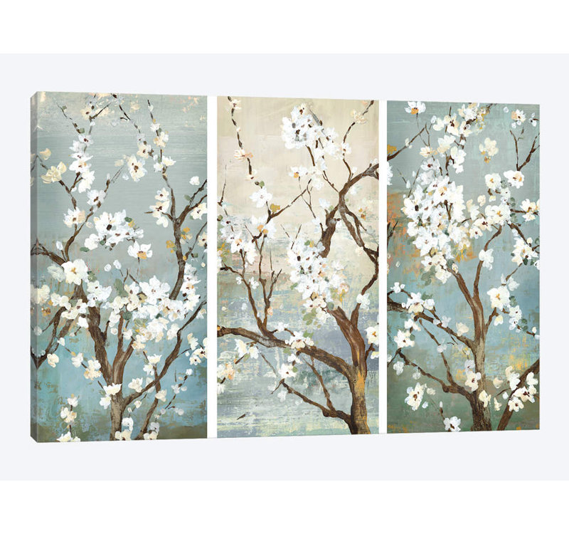 " Triptych " by Asia Jensen, 16" H x 24" W x 1" D, Black Framed Fine Art Paper, White
