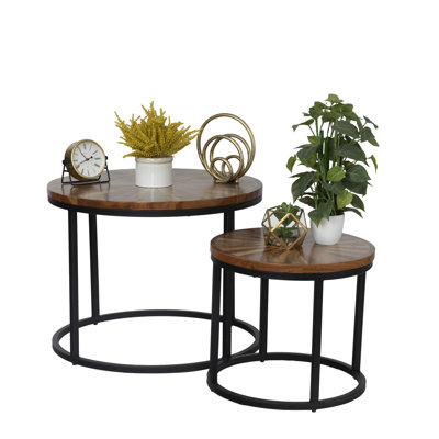 Set of 2 Round Nesting Side Tables – Solid Mango Wood Top & Black Iron Base – Natural Finish