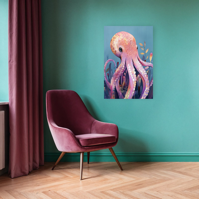 Art mural nature fantaisiste, pieuvre rose, pieuvre vibrante et colorée, H 36 po x l 24 po