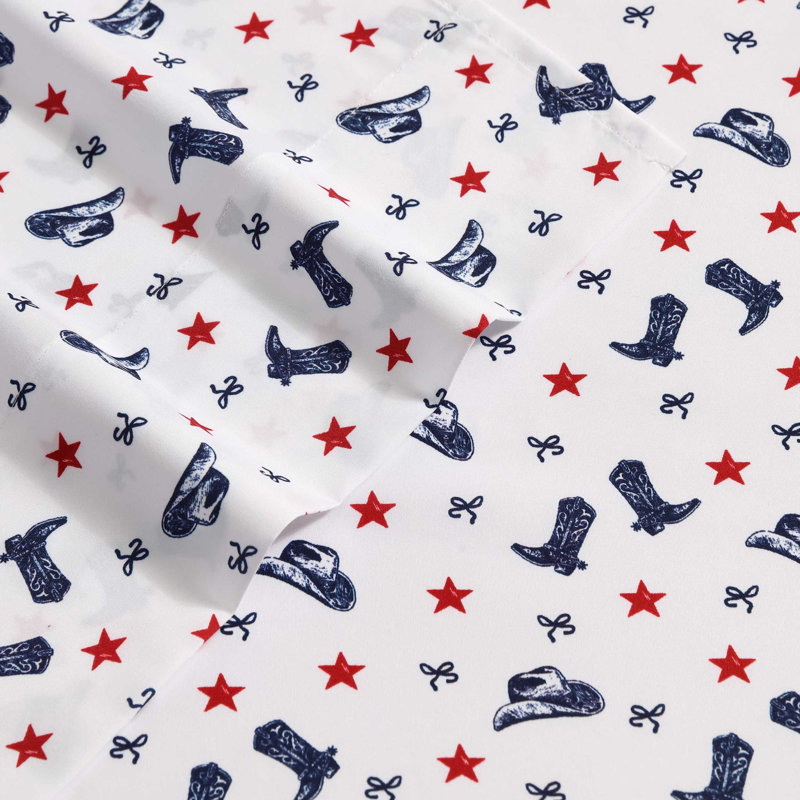 Wrangler Printed Cozy Novelty Sheet Sets, Queen Sheet Set with 2 Pillowcases, Blue/Red