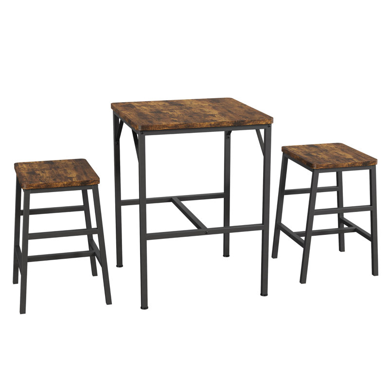 Ensemble de salle à manger 3 pièces style bar, table de bar carrée de 60 cm et 2 tabourets, style bistro en bois vieilli, idéal pour les petits espaces et les appartements, brun rustique