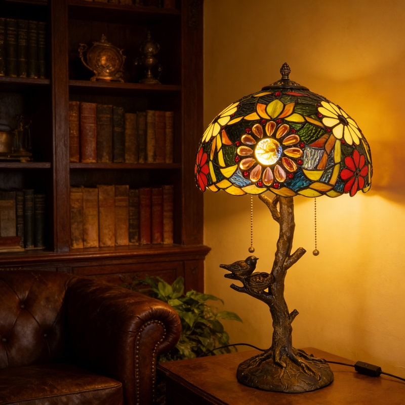 Lampe de table de style Tiffany avec vitrail avec motifs de chrysanthème sauvage et motifs d'oiseaux, ampoule incluse