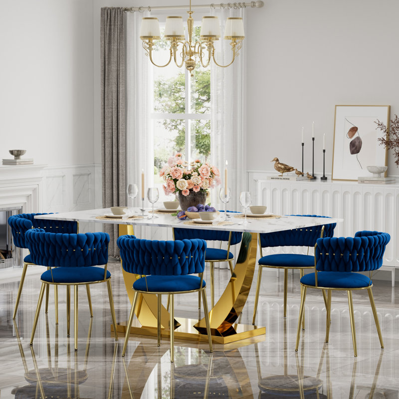 Rectangular Pedestal Dining Set with Modern Weaven Velvet Dininig Chair, Table, 6 Chairs, Blue