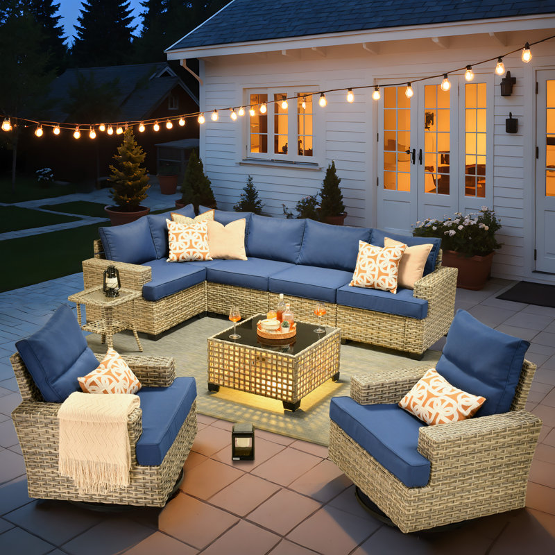 Ensemble de canapé d'extérieur 9 pièces avec table basse, coussin profond et coussin épais, Marine