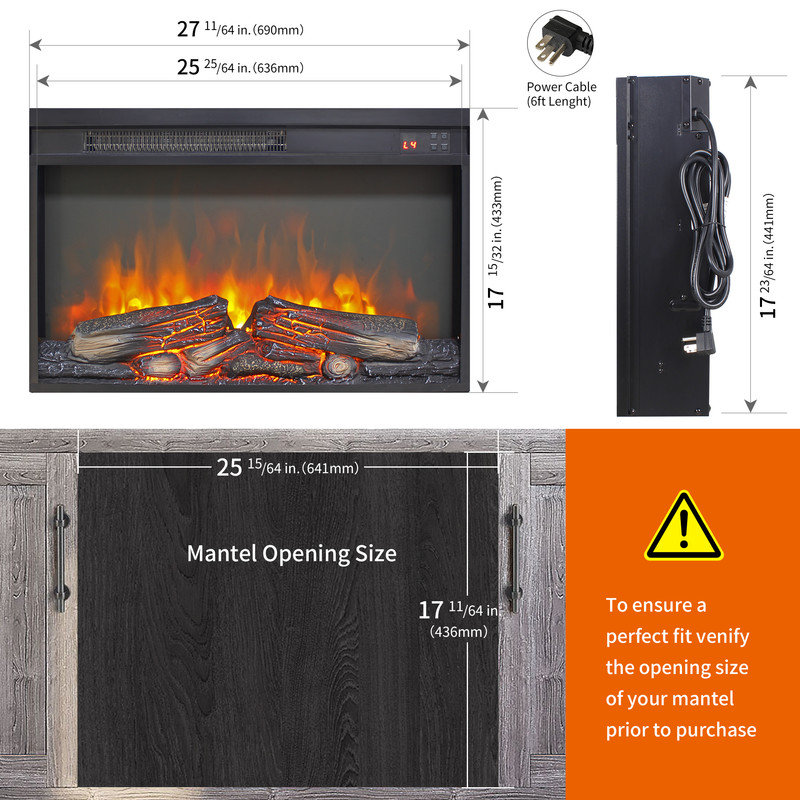  26" Electric Fireplace, Adjustable 4 Flame Brightness, Fireplace Insert with Remote, Digital Display, 8H Timer, Overheating Protection, 1400W