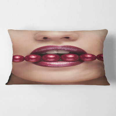 Woman With Red Pearls In Mouth In A Sensual Pose Lumbar Pillow