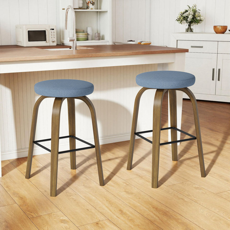 Swivel Upholstered Seat Solid Wood Counter Stool With Metal Footrest,Backless Counter Height Bar Stool (Set Of 2), Blue