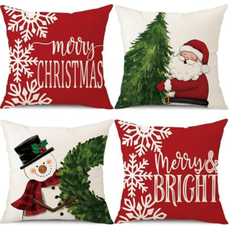 Ensemble de 4 housses de coussins décoratifs pour Noël Merry Christmas Snowman, Square 20"