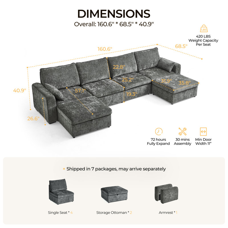 Canapé modulaire surdimensionné 6 places en chenille confortable avec rangement Canapé-lit modulaire convertible profond Couvertures lavables avec 3 repose-pieds