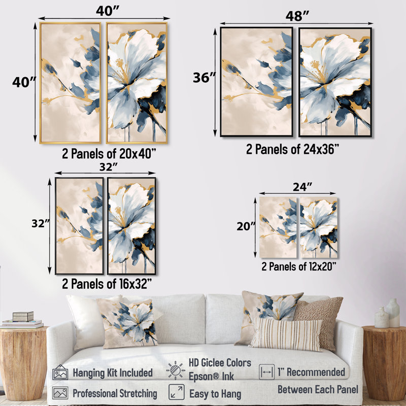 Hibiscus bleu blanc et fleurs tropicales Harmony II - impressions sur toile bleues à 2 panneaux, H 36 po x l 48 po, Doré