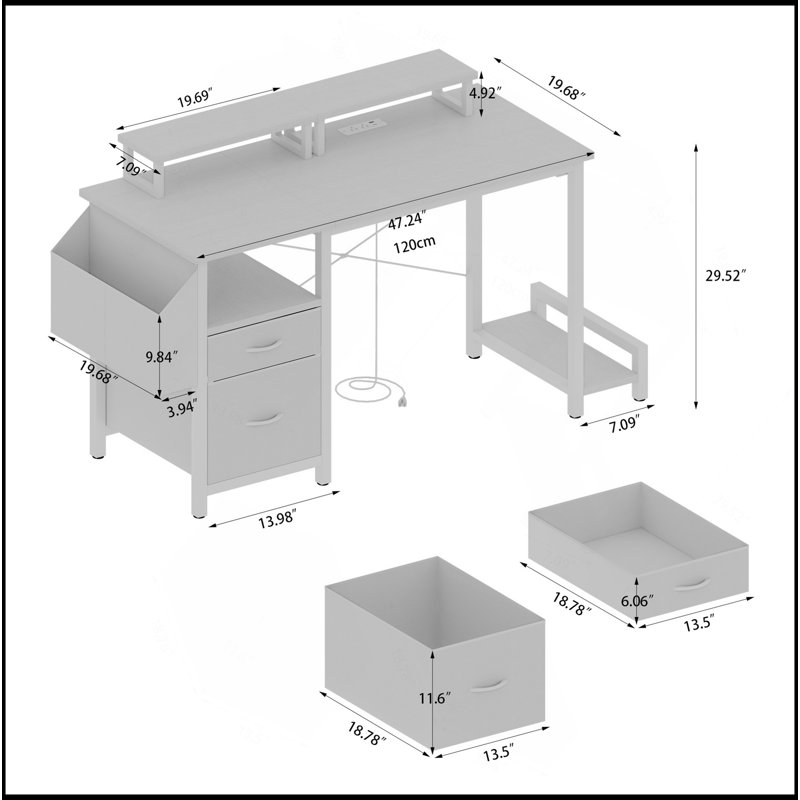 Office Desk With Power Outlet,2 Monitor Stands,2 Drawers,Side Pocket,Easy To Assemble,Frame Stability Reversible,Use For Home Desk, Computer Desk, Game Table