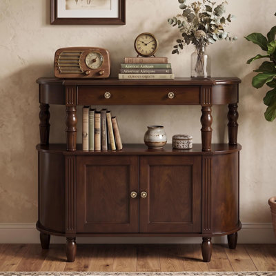 Allensby Solid Wood Half Moon Console Table with Drawer, 47 Inch Curved Retro Sofa Table for Entryway, Made of Rubberwood with Roman Legs and Walnut Finish