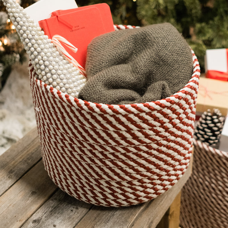 Panier de rangement tissé torsadé de Noël, Rouge / blanc, H 10 po x l 12 po x P 12 po