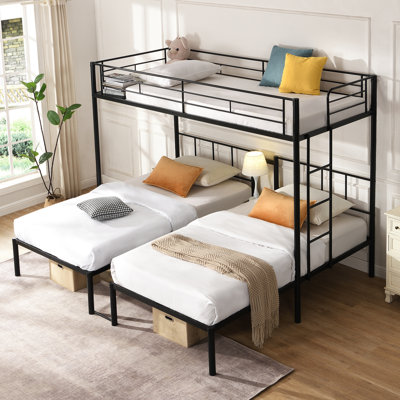 Triple lit superposé simple au-dessus d'un lit simple, structure en métal, vertical, garde-corps à quatre côtés, rangement pour fournitures noir, 78 po de profondeur, 92,1 de largeur, 72 de hauteur, 135,37 lb avec rail, tablette, extension appropriée