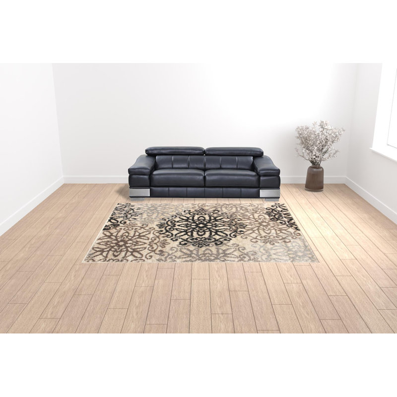 Tapis gris / noir tissé à la machine 9 pi x 12 pi Medallion