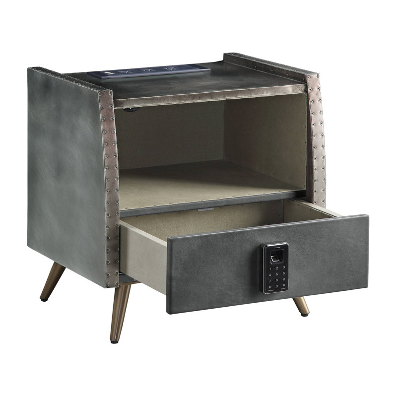 Table de chevet avec verrou USB et électrique, cuir fleur gris et aluminium