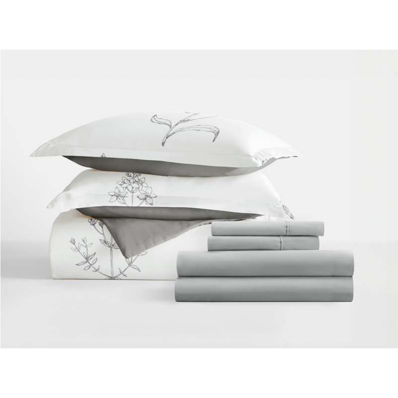 King Light Gray Floral Polyester Bedding Set