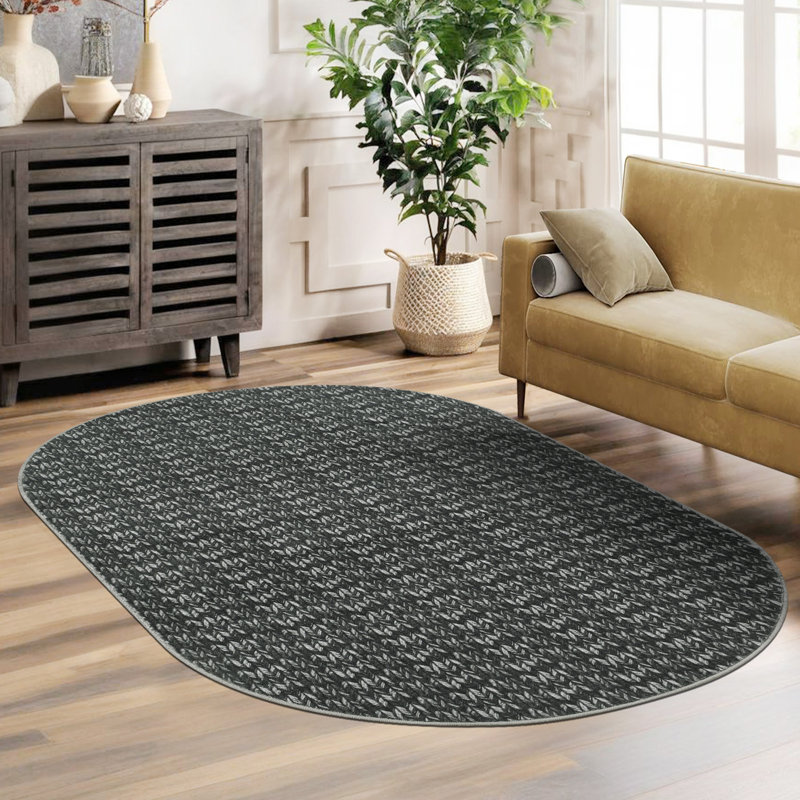 Tapis ovale à motif tressé lavable 3 x 5 po, tapis d'intérieur ultramince pliable, tapis contemporain antidérapant pour chevet, vestibule, vestibule, salle de bain, noir