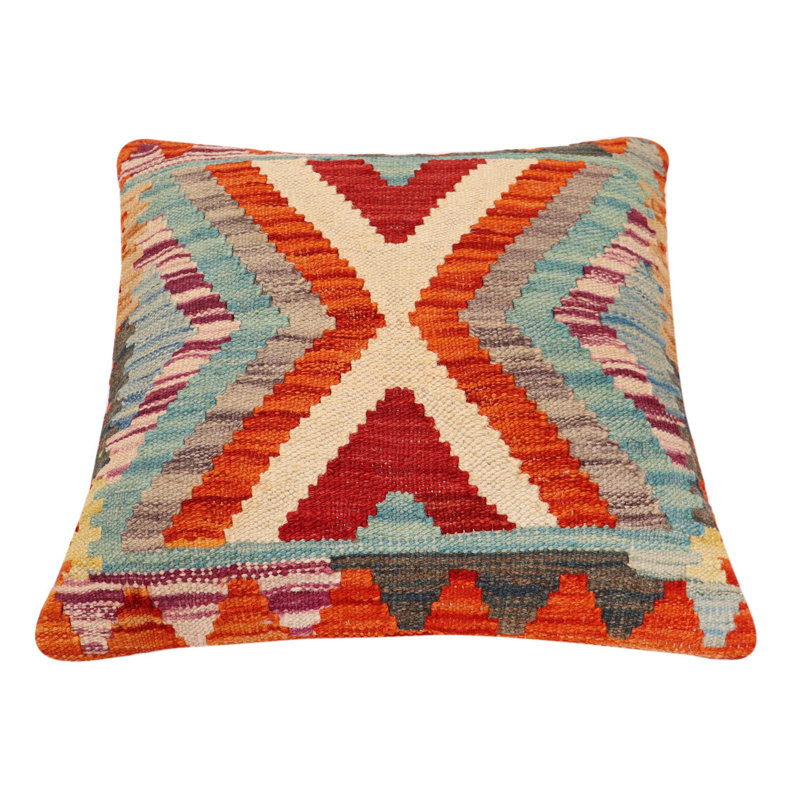 Oreiller rustique en kilim tissé à la main Caballer - 17 po x 18 po Rustic, H 17 po x l 18 po, Rouille / bleu / rouge / beige