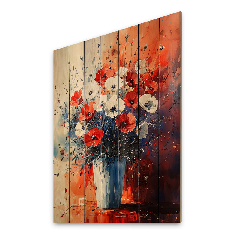 Bouquet en mouvement en rouge et bleu abstrait - art mural bois de coquelicots - sur bois de pin naturel