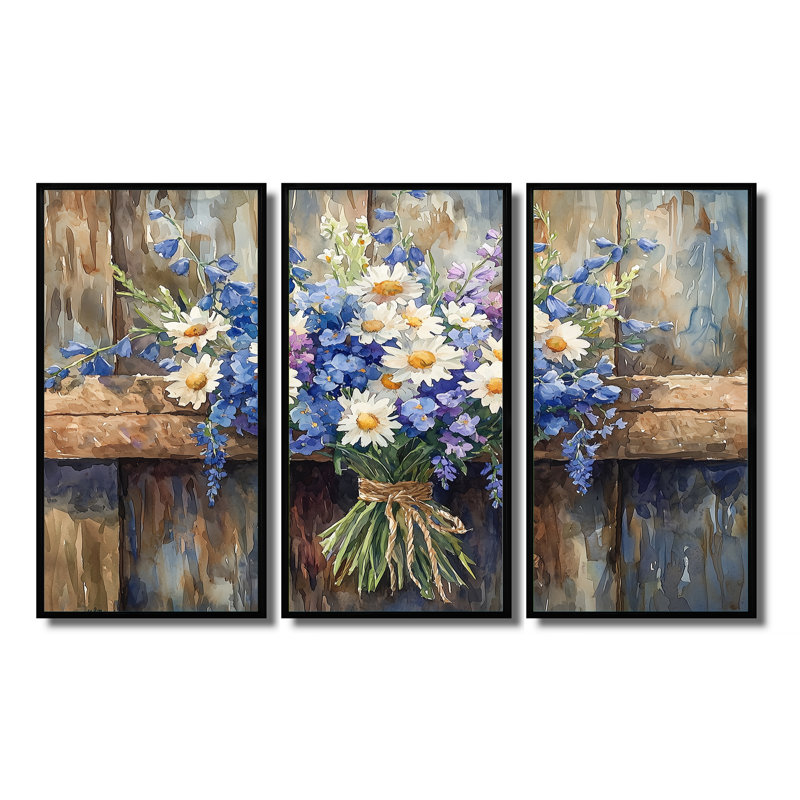Breezy Meadow Bouquet At The Barn II - art mural encadré Bouquets - ensemble de 3, H 32 po x l 48 po, Noir