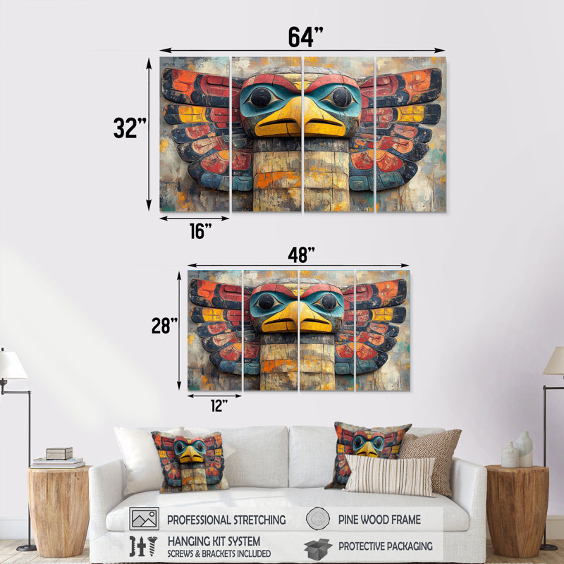 «Yellow Totem Pole Legacy - Art amérindien», ensemble d'art sur toile, H 28 po x l 48 po