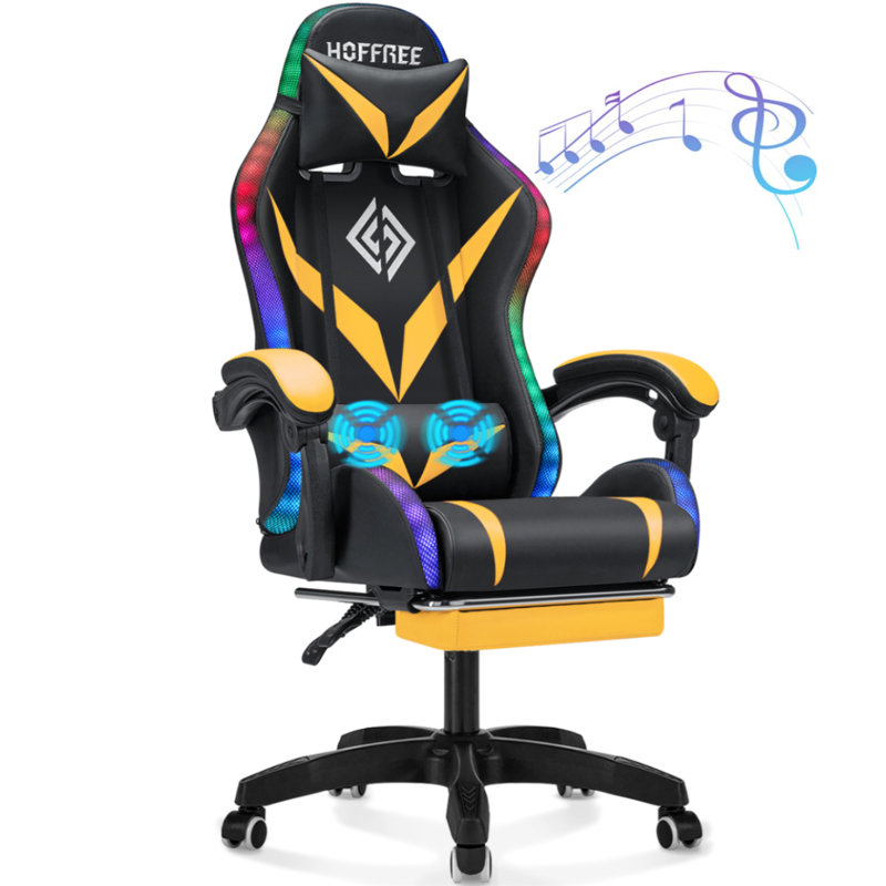 Hoffree Massage Ergonomic Gaming Chair with Bluetooth Speakers and RGB LED Lights, Yellow/Black