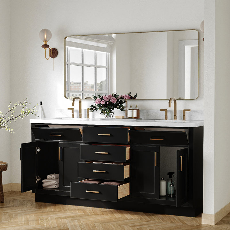 ARIEL HEPBURN 73 IN DOUBLE RECTANGLE SINK VANITY 1,5 IN, Black, 73", Rectangular