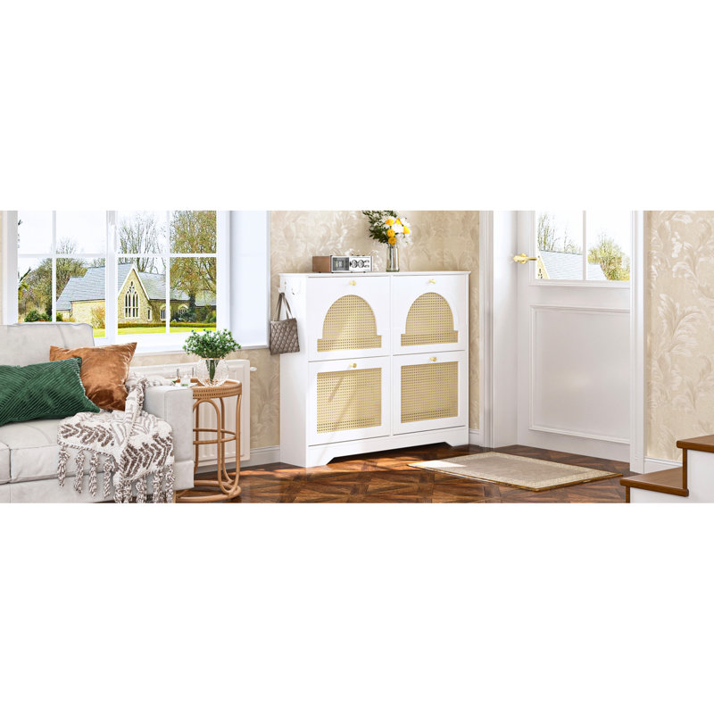 Elegant Mid - Century White Shoe Cabinet With 4 Flip Drawers, 2 Hooks For Hanging Bags, Freestanding In Hallway, Tip , Felt Pads At Bottom, Ideal Hallway Storage Organizer Hooks, Feature, Floor