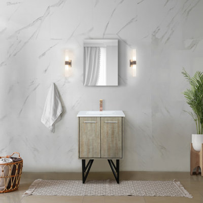 Ensemble de meuble-lavabo rustique en acacia l 24 po x P 20 po, plateau en marbre de culture, robinet en or rose et miroir de 18 po