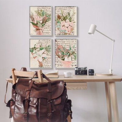 «Quaint Pink Flowers Green Leaves Vintage Brown Script» par Melissa Wang - ensemble de 4 impressions
