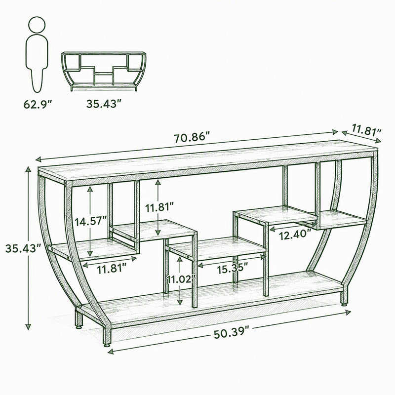 Console industrielle, canapé d'entrée 70,9 "avec tablettes, Black