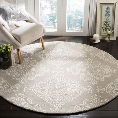 Bernon Hand Tufted Viscose/Wool Damask Rug in Silver/Ivory