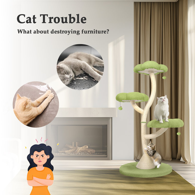 5'11" H Tall Cat Tree Flower Shape Scratching Post Cat Tower, Green