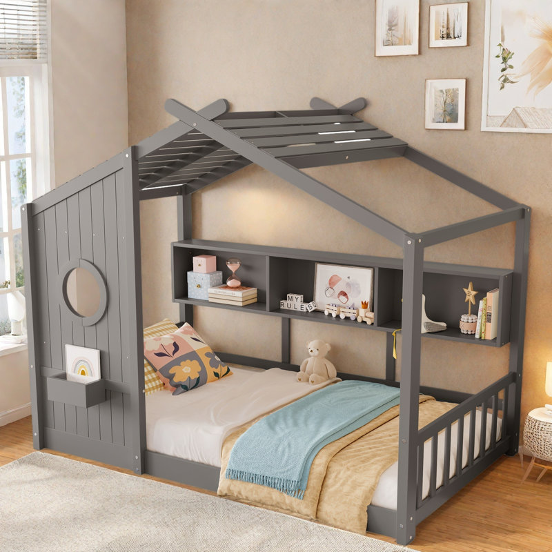 Lit sur pied avec tablettes de rangement, Gris, Lit simple