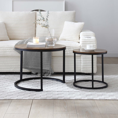 Set of 2 Coffee Table Nesting Side Round End Table Top Sturdy Metal Frame Desk